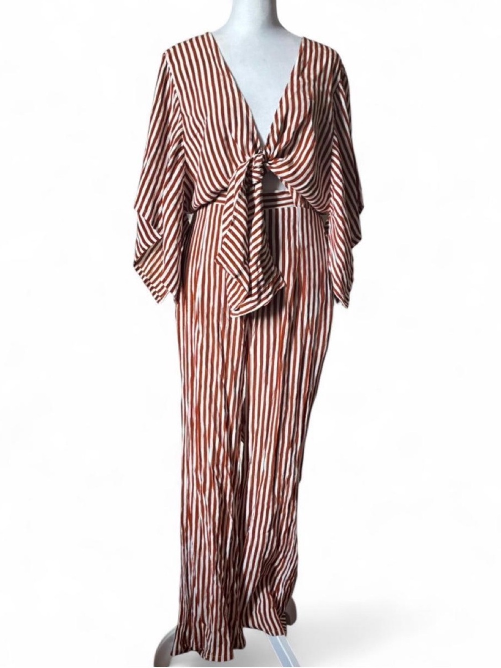 Faithfull The Brand Striped Cutout Tie Front Wide Leg Resort Jumpsuit size 2 - Picture 2 of 7